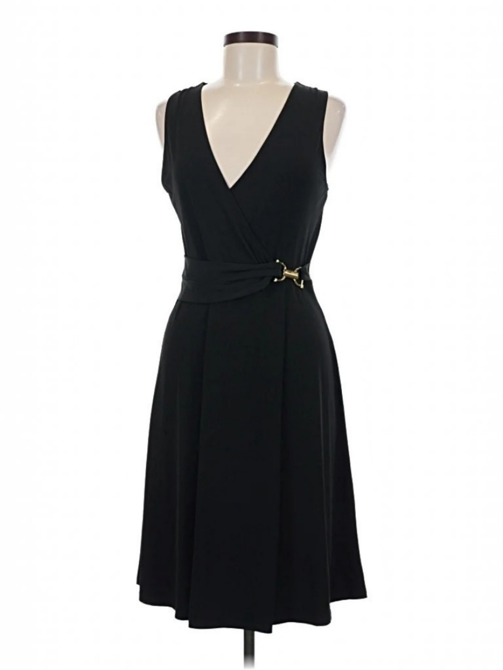 Black Sleeveless Faux Wrap Dress With Gold Buckle detail. Size M .